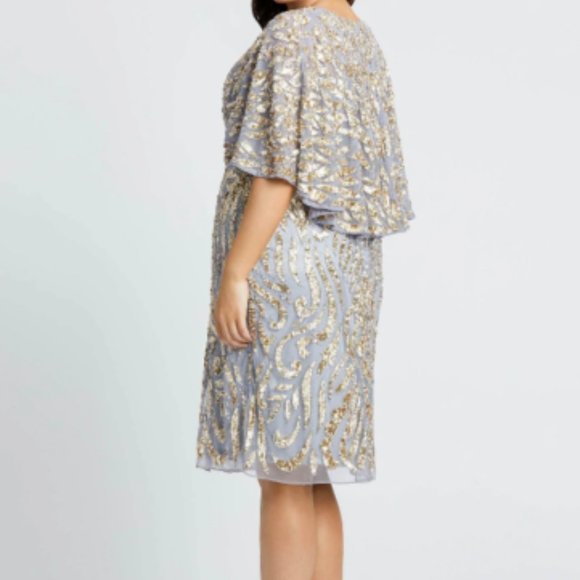 MAC DUGGAL 5191 CAPE SLEEVE GOLD SILVER MIDI DRESS sz 12 - Picture 2 of 4